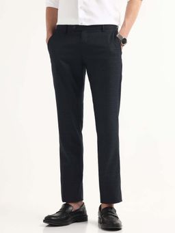 Arrow - Mens Navy Blue Mid Waist Checks Formal Trouser