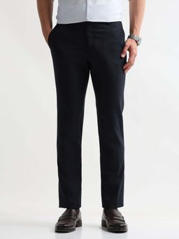 Arrow - Mens Blue Mid Waist Self Design Formal Trouser