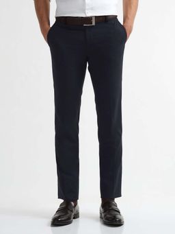 Arrow - Mens Navy Blue Mid Waist Solid Formal Trouser