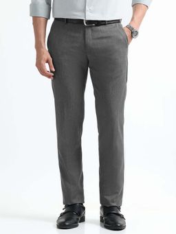Arrow - Mens Grey Mid Waist Textured Formal Trouser