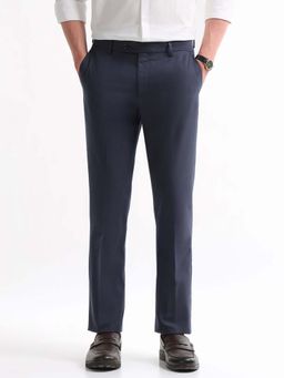 Arrow - Mens Navy Blue Mid Waist Solid Formal Trouser