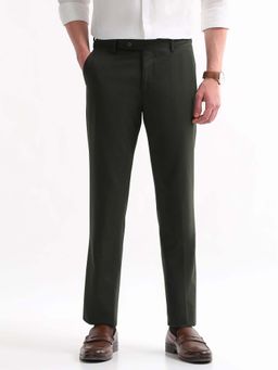 Arrow - Mens Green Mid Waist Solid Formal Trouser