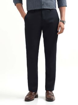 Arrow - Mens Navy Blue Mid Waist Solid Formal Trouser