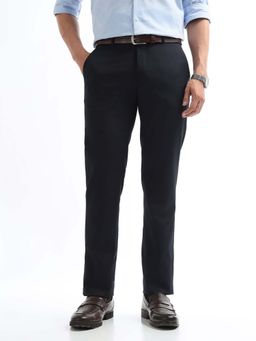 Arrow - Mens Navy Blue Mid Waist Solid Formal Trouser