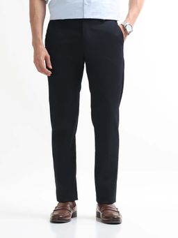 Arrow - Mens Navy Blue Mid Waist Solid Formal Trouser