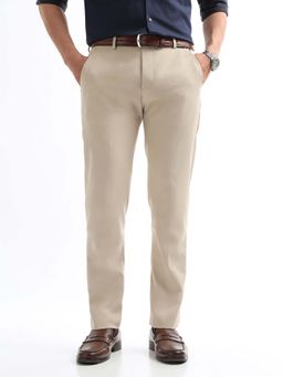 Arrow - Mens Beige Mid Waist Textured Formal Trouser