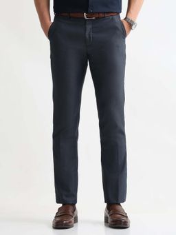 Arrow - Mens Navy Blue Mid Waist Textured Formal Trouser