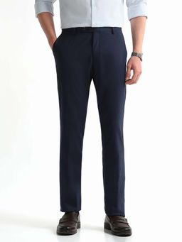Arrow - Mens Navy Blue Mid Waist Textured Formal Trouser