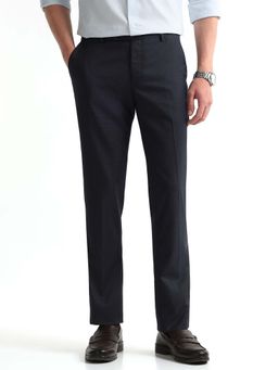Arrow - Mens Navy Blue Mid Waist Textured Formal Trouser