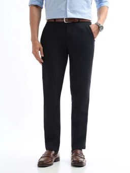 Arrow - Mens Navy Blue Mid Waist Solid Formal Trouser