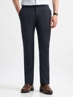 Arrow - Mens Navy Blue Mid Waist Self Design Formal Trouser