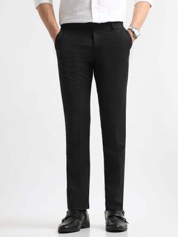 Arrow - Mens Black Mid Waist Self Design Formal Trouser