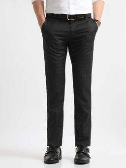 Arrow - Mens Black Mid Waist Checks Formal Trouser