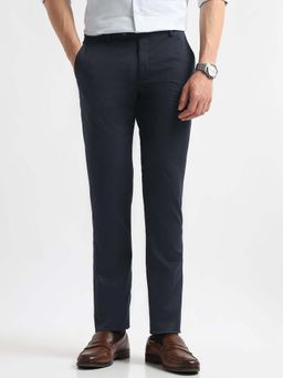 Arrow - Mens Blue Mid Waist Textured Formal Trouser