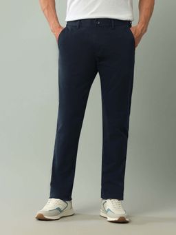 Arrow Sports - Mens Navy Blue Mid Waist Solid Casual Trouser