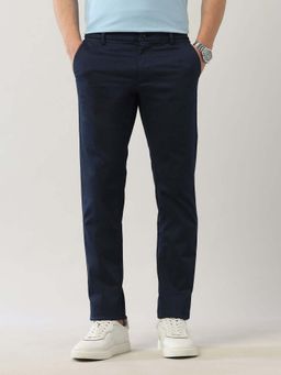 Arrow Sports - Mens Navy Blue Mid Waist Self Design Casual Trouser