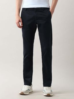 Arrow Sports - Mens Navy Blue Mid Waist Solid Casual Trouser