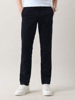 Arrow Sports - Mens Navy Blue Mid Waist Solid Casual Trouser
