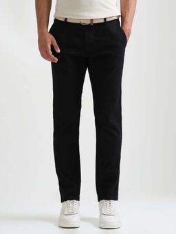 Arrow Sports - Mens Black Mid Waist Self Design Casual Trouser