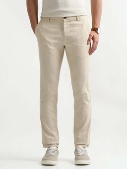 Arrow Sports - Mens Beige Mid Waist Stripes Casual Trouser