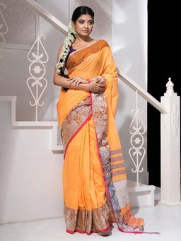 Arhi - Yellow Cotton Khadi Handwoven Soft Nakshi Border Saree with Unstitched Blouse