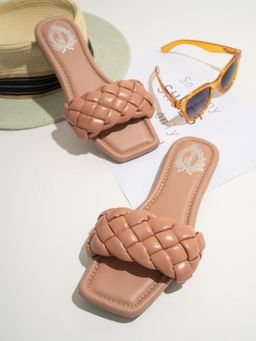 Shoetopia - Girls Peach-Coloured Braided Design Open Toe Flats