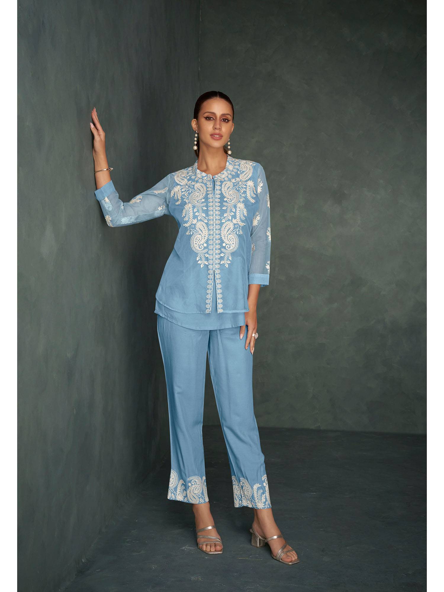 autumnlane Saba Soft Blue Embroidered Co-Ord (Set of 3)-picture-18
