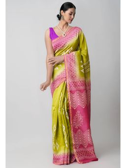 Unnati Silks - Green Pure Hand Block Printed Sico Saree with Unstitched Blouse