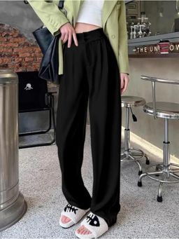 BROADSTAR - Women High-Rise Stretchable Black Loose Fit Korean Trouser
