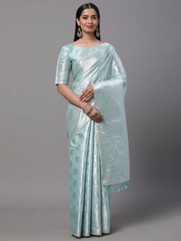 Akhilam - Women Silk Blend Turquoise Woven Design Saree with Unstitched Blouse Piece