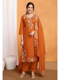 Ekta Textiles - Women Orange Silk Blend Sweetheart Neck Kurta with Pant and Dupatta
