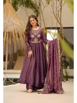 Ekta Textiles - Women Purple Chanderi Silk Round Neck Anarkali Kurta with Palazzo and Dupatta