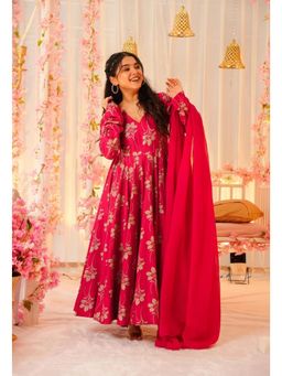 Ekta Textiles - Women Pink Chanderi Silk V-Neck Anarkali Kurta with Pant and Dupatta