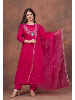 Ekta Textiles - Women Pink Rayon Round Neck Anarkali Kurta with Pant and Dupatta