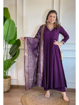 Ekta Textiles - Women Purple Chanderi Silk V-Neck Anarkali Kurta with Pant and Dupatta