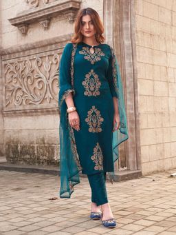 Ekta Textiles - Women Turquoise Rayon Slub Keyhole Neck Kurta with Pant and Dupatta