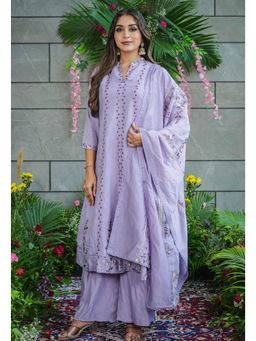 Ekta Textiles - Women Lavender Muslin Mandarin Neck Kurta with Palazzo and Dupatta