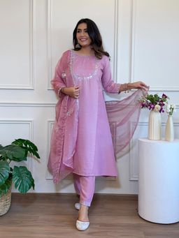 Ekta Textiles - Women Lavender Silk Blend Round Neck Kurta with Pant and Dupatta