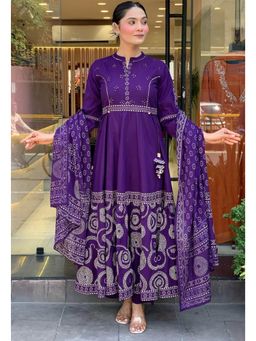 Ekta Textiles - Women Purple Muslin Round Neck Anarkali Kurta with Pant and Dupatta
