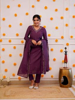 Ekta Textiles - Women Wine Silk Blend V-Neck Kurta with Pant and Dupatta