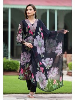 Ekta Textiles - Women Black Georgette V-Neck Kurta with Pant and Dupatta