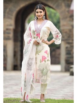 Ekta Textiles - Women White Georgette V-Neck Kurta with Pant and Dupatta