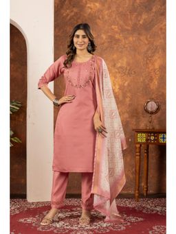 Ekta Textiles - Women Peach Viscose Round Neck Kurta with Pant and Dupatta