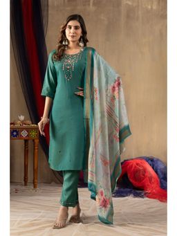 Ekta Textiles - Women Turquoise Viscose Round Neck Kurta with Pant and Dupatta