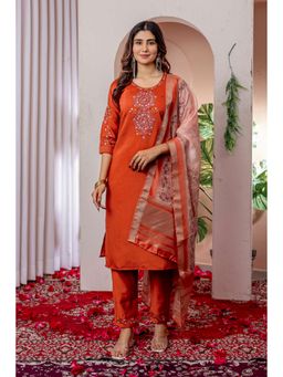 Ekta Textiles - Women Orange Viscose Round Neck Kurta with Pant and Dupatta