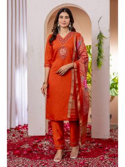 Ekta Textiles - Women Orange Viscose V-Neck Kurta with Pant and Dupatta