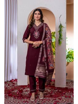 Ekta Textiles - Women Wine Viscose V-Neck Kurta with Pant and Dupatta