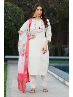 Ekta Textiles - Women White Viscose Round Neck Kurta with Pant and Dupatta