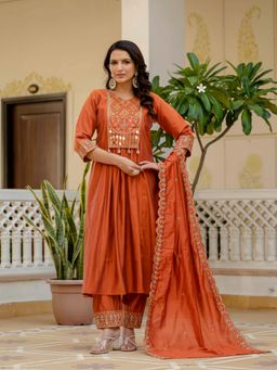 Ekta Textiles - Women Orange Viscose Round Neck Anarkali Kurta with Pant and Dupatta