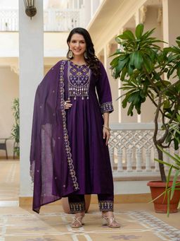 Ekta Textiles - Women Purple Viscose Round Neck Anarkali Kurta with Pant and Dupatta